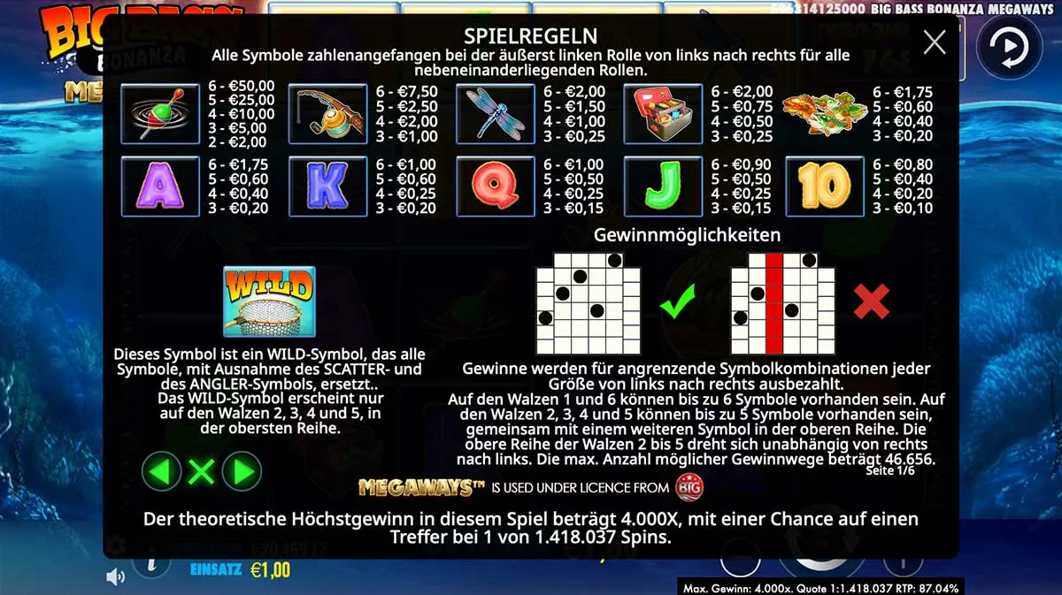 Pragmatic Play - Big Bass Bonanza MEGAWAYS - Gewinntabelle