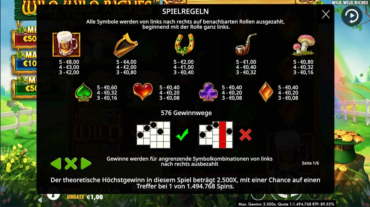 Pragmatic Play - Wild Wild Riches - Gewinntabelle Pragmatic Play - Wild Wild Riches - Gewinntabelle